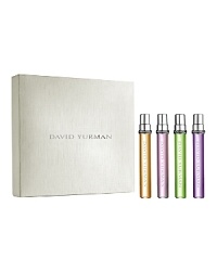 The David Yurman Essence Collection is a trio of evocative fragrances, whose weightless radiance is reminiscent of the eloquent glow emanating from treasured jewels. Exotic Essence is a modern sensual oriental inspired by the gemstone citrine; Delicate Essence a modern Floral inspired by the gemstone pink tourmaline; and Fresh Essence, a fruity floral inspired by the gemstone peridot. The David Yurman Essence Collection now introduces a limited edition fragrance, Summer Essence -- a fresh floral inspired by the vibrant gemstone, amethyst.Now you can experience all four essences in the David Yurman Essence Collection Limited Edition Quartet. Each essence is housed in a 7.5ml/.25 fl. oz. spray, featuring the iconic David Yurman cable design. Like a piece of fine jewelry, each essence may be worn alone or combined with scents from the David Yurman Essence Collection to achieve a complex, artfully layered fragrance effect. Luxuriously featured in a natural linen white gift box, the collection features four travel size sprays that are perfect to take with you wherever you may go! The David Yurman Essence Collection is a trio of evocative fragrances, whose weightless radiance is reminiscent of the eloquent glow emanating from treasured jewels. Exotic Essence is a modern sensual oriental inspired by the gemstone citrine; Delicate Essence a modern Floral inspired by the gemstone pink tourmaline; and Fresh Essence, a fruity floral inspired by the gemstone peridot. The David Yurman Essence Collection now introduces a limited edition fragrance, Summer Essence -- a fresh floral inspired by the vibrant gemstone, amethyst.Now you can experience all four essences in the David Yurman Essence Collection Limited Edition Quartet. Each essence is housed in a 7.5ml/.25 fl. oz. spray, featuring the iconic David Yurman cable design. Like a piece of fine jewelry, each essence may be worn alone or combined with scents from the David Yurman Essence Collection to achieve a complex, artfully layered fragrance effect. Luxuriously featured in a natural linen white gift box, the collection features four travel size sprays that are perfect to take with you wherever you may go!