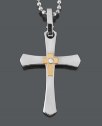 Let your faith shine in symbolic style. Cross pendant features a flair edge design and matching bead chain. Crafted in stainless steel with 14k gold center and a round-cut diamond accent. Approximate length: 24 inches. Approximate drop width: 1-1/10 inches. Approximate drop length: 1-13/20 inches. Let your faith shine in symbolic style. Cross pendant features a flair edge design and matching bead chain. Crafted in stainless steel with 14k gold center and a round-cut diamond accent. Approximate length: 24 inches. Approximate drop width: 1-1/10 inches. Approximate drop length: 1-13/20 inches.