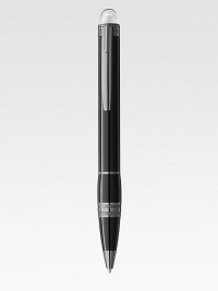 Ballpoint pen with twist mechanism, with barrel made of precious resin and transparent cap-top with floating logo emblem.BallpointRuthenium-plated clipResin with inlaid logo emblemAbout 5¾ longMade in Germany Ballpoint pen with twist mechanism, with barrel made of precious resin and transparent cap-top with floating logo emblem.BallpointRuthenium-plated clipResin with inlaid logo emblemAbout 5¾ longMade in Germany