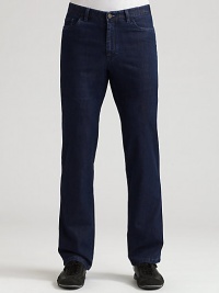 Dark wash denim in stretch Italian cotton. Belt loops Zip fly with button Inseam, about 34 Cotton/polyester/elastene; machine wash Made in Italy Dark wash denim in stretch Italian cotton. Belt loops Zip fly with button Inseam, about 34 Cotton/polyester/elastene; machine wash Made in Italy