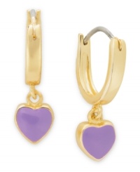 Share the love. Lily Nily's children's drop hoop earrings are set in 18k gold over sterling silver with purple enamel hearts adding a vibrant touch. Item comes packaged in a signature Lily Nily Gift Box. Approximate drop: 3/4 inch. Approximate width: 1/4 inch. Share the love. Lily Nily's children's drop hoop earrings are set in 18k gold over sterling silver with purple enamel hearts adding a vibrant touch. Item comes packaged in a signature Lily Nily Gift Box. Approximate drop: 3/4 inch. Approximate width: 1/4 inch.