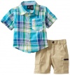 Nautica Sportswear Kids Baby-boys Infant Short Sleeve Plaid Woven Shirt with Solid Short, Light Aqua, 12/18