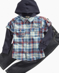 An easy way to add a touch of toughness, this hooded twofer and jeans set from Nannette will help him keep cool without a problem. An easy way to add a touch of toughness, this hooded twofer and jeans set from Nannette will help him keep cool without a problem.