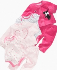 Fill her day with fun in one of these sweet and lovely bodysuit, jacket and pant 3-piece sets from First Impressions. Fill her day with fun in one of these sweet and lovely bodysuit, jacket and pant 3-piece sets from First Impressions.