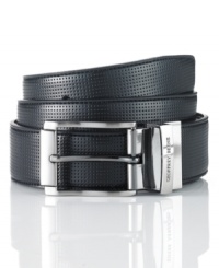 Add some depth and dimension to your dress wardrobe with this perforated leather reversible belt from Geoffrey Beene.