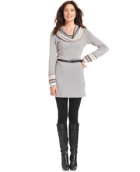 NY Collection's tunic sweater is dressed up with a striped knit and pointelle detail at the neck and cuffs. A removable belt keeps the silhouette sleek. NY Collection's tunic sweater is dressed up with a striped knit and pointelle detail at the neck and cuffs. A removable belt keeps the silhouette sleek.
