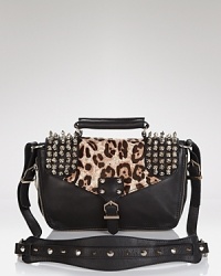 Sam Edelman lends a tough girl touch to this statement-making messenger bag with bold spikes, black leather, and a luxe leopard print. Sam Edelman lends a tough girl touch to this statement-making messenger bag with bold spikes, black leather, and a luxe leopard print.