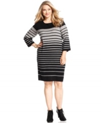 Look stunning in stripes with Spense's three-quarter-sleeve plus size sweater dress! Look stunning in stripes with Spense's three-quarter-sleeve plus size sweater dress!
