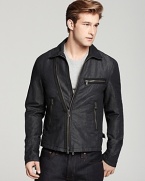 Lightweight biker jacket with diagonal zip front closure and belted waist detail.