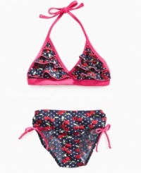 Have a sweet tooth? She'll cure it in this delightful cherry-print bikini from Pink Platinum. Have a sweet tooth? She'll cure it in this delightful cherry-print bikini from Pink Platinum.