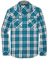 Sean John takes the trusty plaid shirt and turns it into a stylish streetwear detailed with a bias front yoke, chest pockets, and cuffs.