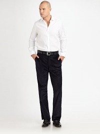 EXCLUSIVELY OURS. A smooth, straight-leg silhouette in stretch corduroy with extended tab at the waist for easy comfort. Flat front Side slash and back welt pockets Inseam about 34 98% cotton/ 2% lycra Machine wash Imported EXCLUSIVELY OURS. A smooth, straight-leg silhouette in stretch corduroy with extended tab at the waist for easy comfort. Flat front Side slash and back welt pockets Inseam about 34 98% cotton/ 2% lycra Machine wash Imported