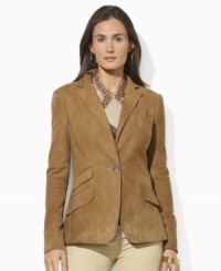 Supple suede creates the silhouette of a sleek one-button jacket, crafted with classic styling details for a modern take on a timeless piece from Lauren by Ralph Lauren. Supple suede creates the silhouette of a sleek one-button jacket, crafted with classic styling details for a modern take on a timeless piece from Lauren by Ralph Lauren.