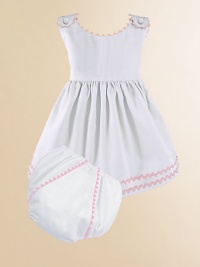 An adorable look for a picnic or a portrait in lightweight cotton piqué with pretty rick rack trim and a matching diaper cover. Covered button shoulder closures High waist Cotton; machine wash Made in USA Please note: Diaper cover cannot be personalized.FOR PERSONALIZATION Select a quantity, then scroll down and click on PERSONALIZE & ADD TO BAG to choose and preview your personalization options. Please allow 2 to 3 weeks for delivery.