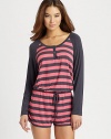 Spend your down time in silky-soft stretch jersey, enlivened with fresh-toned stripes.Banded scoop necklineButton placketLong solid raglan sleevesDrawstring waistInseam, about 1½Rayon/spandexMachine washImported