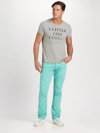Ideal for the contemporary man of style, tailored in a slim-fitting, garment-dyed cotton with subtle 3-D whiskering for an easy-to-wear feel.Five-pocket styleZip flyInseam, about 34CottonMachine washImported Ideal for the contemporary man of style, tailored in a slim-fitting, garment-dyed cotton with subtle 3-D whiskering for an easy-to-wear feel.Five-pocket styleZip flyInseam, about 34CottonMachine washImported