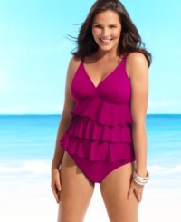 Charming tiers create a flirty and flattering look on this plus size tummy control two-piece set from Fit 4 U!. Charming tiers create a flirty and flattering look on this plus size tummy control two-piece set from Fit 4 U!.