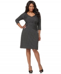 A flattering crisscross front elegantly defines Elementz' three-quarter sleeve plus size dress, featuring a built-in slimming panel-- it's perfect for work! A flattering crisscross front elegantly defines Elementz' three-quarter sleeve plus size dress, featuring a built-in slimming panel-- it's perfect for work!