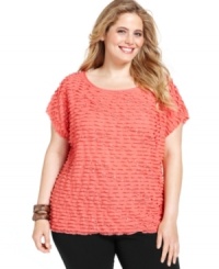 Ravishing ruffles add feminine flair to Elementz' short sleeve plus size top, showcasing a sequined finish. Ravishing ruffles add feminine flair to Elementz' short sleeve plus size top, showcasing a sequined finish.