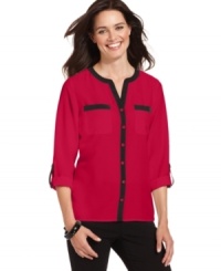 Both elegant and casual, this button-front shirt from Elementz is really versatile. Pair it with black pants for everyday appeal or dress it up with a pencil skirt. Both elegant and casual, this button-front shirt from Elementz is really versatile. Pair it with black pants for everyday appeal or dress it up with a pencil skirt.