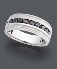 Stately design with a hint of sparkle. This men's ring feature a prominent sterling silver band decorated with channel-set, round-cut black diamonds (1 ct. t.w.). Size 10. Stately design with a hint of sparkle. This men's ring feature a prominent sterling silver band decorated with channel-set, round-cut black diamonds (1 ct. t.w.). Size 10.