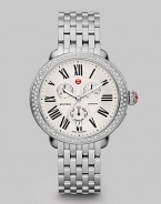 From the Serein Collection. Truly dazzle in this diamond accented technical timepiece. Quartz movementWater resistant to 5 ATMElliptical stainless steel case, 40mm (1.6) x 38mm (1.5) Diamond accented bezel, .6 tcwSilvertone dialRoman numeral hour markersDate display at 6 o'clockSecond hand Stainless steel link bracelet, 18mm (.7)Made in Switzerland 