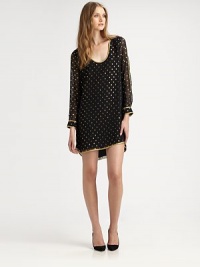 Shimmering metallic dots envelope this semi-sheer silk shirtdress with an alluring back keyhole detail. ScoopneckLong sleeves with buttoned cuffsCropped front hemBack keyhole closureSilk liningAbout 17 from natural waistSilkDry cleanImportedModel shown is 5'10 (177cm) wearing US size Small. Shimmering metallic dots envelope this semi-sheer silk shirtdress with an alluring back keyhole detail. ScoopneckLong sleeves with buttoned cuffsCropped front hemBack keyhole closureSilk liningAbout 17 from natural waistSilkDry cleanImportedModel shown is 5'10 (177cm) wearing US size Small.
