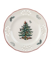 With an historic pattern and pierced holly motif, the Christmas Tree accent plate from Spode's collection of serveware and serving dishes is a festive gift to holiday dining. A full evergreen tree with baubles, tinsel and perfectly wrapped packages sets the table for celebration. With an historic pattern and pierced holly motif, the Christmas Tree accent plate from Spode's collection of serveware and serving dishes is a festive gift to holiday dining. A full evergreen tree with baubles, tinsel and perfectly wrapped packages sets the table for celebration.