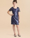She'll shine like a disco ball in this slim-fitting, sequined shift dress.ScoopneckShort sleevesConcealed back zipperFully linedNylon/polyester/spandexDry cleanMade in the USA