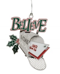 Send Santa a message. With festive holly detail, the Believe mailbox ornament from ChemArt is an inspiration to everyone around your tree. Send Santa a message. With festive holly detail, the Believe mailbox ornament from ChemArt is an inspiration to everyone around your tree.