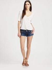 Playful dark-wash design in an ultra-short silhouette with a slightly frayed hem. Button closureZip flyInseam, about 7Front slash pocketsBack flap pocketsCottonMachine washMade in USAModel shown is 5'10 (177cm) wearing US size 4. Playful dark-wash design in an ultra-short silhouette with a slightly frayed hem. Button closureZip flyInseam, about 7Front slash pocketsBack flap pocketsCottonMachine washMade in USAModel shown is 5'10 (177cm) wearing US size 4.