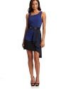 This ultra chic crepe creation has an asymmetrical neckline, contrast draped panel and colorblock design.Asymmetrical neckline Sleeveless Seamed waist Elastic web belt with snaps Contrast draped panel at one side Back zipper About 40 from shoulder to hem Polyester Second fabric: silk Dry clean Imported