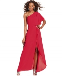 Ruffled details add elegant touches to this BCBGMAXAZRIA dress while a split skirt adds a sexy spin. Perfect for showing off a gorgeous pair of heels at your next special event. Ruffled details add elegant touches to this BCBGMAXAZRIA dress while a split skirt adds a sexy spin. Perfect for showing off a gorgeous pair of heels at your next special event.