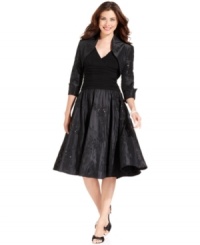 Jessica Howard pairs a classic party dress silhouette with a cropped jacket for a sophisticated-but-fun evening ensemble. Jessica Howard pairs a classic party dress silhouette with a cropped jacket for a sophisticated-but-fun evening ensemble.