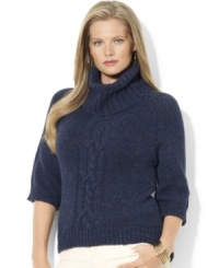 Lauren Ralph Lauren's chunky knit plus size sweater is crafted with an oversized turtleneck and a modern high-low hem Lauren Ralph Lauren's chunky knit plus size sweater is crafted with an oversized turtleneck and a modern high-low hem
