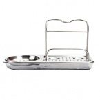 The OXO Stainless Steel Sink Organizer helps keep sink area neat and organized. Slim design fits in tight spaces and won't hog counter space. Features separate areas for long-handled brushes, palm brushes, pump dispensers and a sponge. Perforated base keeps sponges and tools dry; drip tray is removable for cleaning.