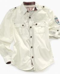 He will look so handsome in this Guess button down, with button details and a cool shoulder patch. He will look so handsome in this Guess button down, with button details and a cool shoulder patch.