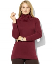 Rendered in an ultra-soft blend of cotton and modal yarns, Lauren Ralph Lauren's long-sleeved plus size top is finished with a chic cowl neckline. Rendered in an ultra-soft blend of cotton and modal yarns, Lauren Ralph Lauren's long-sleeved plus size top is finished with a chic cowl neckline.