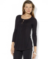 Lauren Ralph Lauren's soft modal-jersey blouse is designed in a loose-fitting, slight A-line silhouette with pintuck detailing for comfortable yet chic style. Lauren Ralph Lauren's soft modal-jersey blouse is designed in a loose-fitting, slight A-line silhouette with pintuck detailing for comfortable yet chic style.