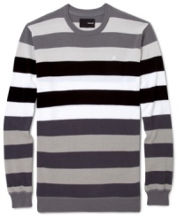 Contrasting thick stripes give this cozy Hurley sweater a pop of personality. Contrasting thick stripes give this cozy Hurley sweater a pop of personality.