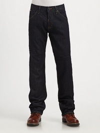 Classic straight fit in a rich, dark rinse detailed with signature pointed back flaps.Five-pocket styleButton flyFront slash, back flap pocketsInseam, about 3498% cotton/2% elastaneDry cleanMade in USA Classic straight fit in a rich, dark rinse detailed with signature pointed back flaps.Five-pocket styleButton flyFront slash, back flap pocketsInseam, about 3498% cotton/2% elastaneDry cleanMade in USA