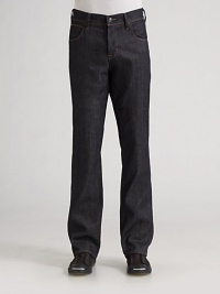 A sleek, dark wash cut straight through the seat and down the legs; ultimate versatility to dress up with a blazer or down with a polo. Five-pocket style Button fly Inseam, about 34 Cotton/elastane; machine wash Made in USA A sleek, dark wash cut straight through the seat and down the legs; ultimate versatility to dress up with a blazer or down with a polo. Five-pocket style Button fly Inseam, about 34 Cotton/elastane; machine wash Made in USA