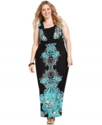 Look amazing from all angles with AGB's sleeveless plus size maxi dress, featuring a printed front and back. Look amazing from all angles with AGB's sleeveless plus size maxi dress, featuring a printed front and back.
