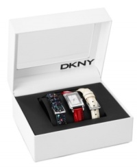 Keep your look in motion with this interchangeable leather watch set from DKNY. Keep your look in motion with this interchangeable leather watch set from DKNY.