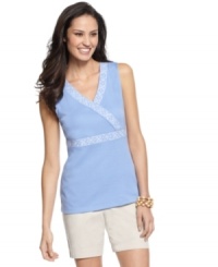Looking for an easy top to pair with your favorite shorts? Check out Karen Scott's tank top, complete with a flattering surplice neckline and pretty embroidered trim! Looking for an easy top to pair with your favorite shorts? Check out Karen Scott's tank top, complete with a flattering surplice neckline and pretty embroidered trim!