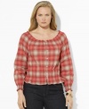 Lauren Ralph Lauren's soft woven cotton plus size top channels western inspiration with a faded plaid pattern and smocked detailing.