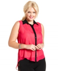 Give your neutral bottoms a boost with ING's sleeveless plus size blouse, punctuated by a high-low hem.