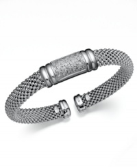 On-trend style with a splash of sparkle. This chic sterling silver mesh bracelet features a rectangular center covered in round-cut diamonds (1/3 ct. t.w.). Open-ended bangle slips easily over the wrist. Approximate diameter: 2-1/2 inches. On-trend style with a splash of sparkle. This chic sterling silver mesh bracelet features a rectangular center covered in round-cut diamonds (1/3 ct. t.w.). Open-ended bangle slips easily over the wrist. Approximate diameter: 2-1/2 inches.
