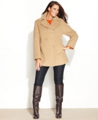 Classic styling meets modern edge: Kenneth Cole Reaction's plus size pea coat features a gently-elongated silhouette for a refined, streamlined look. Classic styling meets modern edge: Kenneth Cole Reaction's plus size pea coat features a gently-elongated silhouette for a refined, streamlined look.