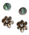 Pretty and petite. Fossil's chic stud earrings set combines round-cut abalone and crystal flowers in silver tone mixed metal. Approximate diameter (abalone): 1/4 inch. Approximate diameter (flower): 3/10 inch.